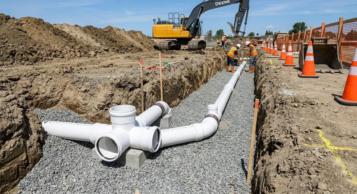 New PVC sewer pipe installation in open trench for Commercial Drain Cleaning in Hillsborough