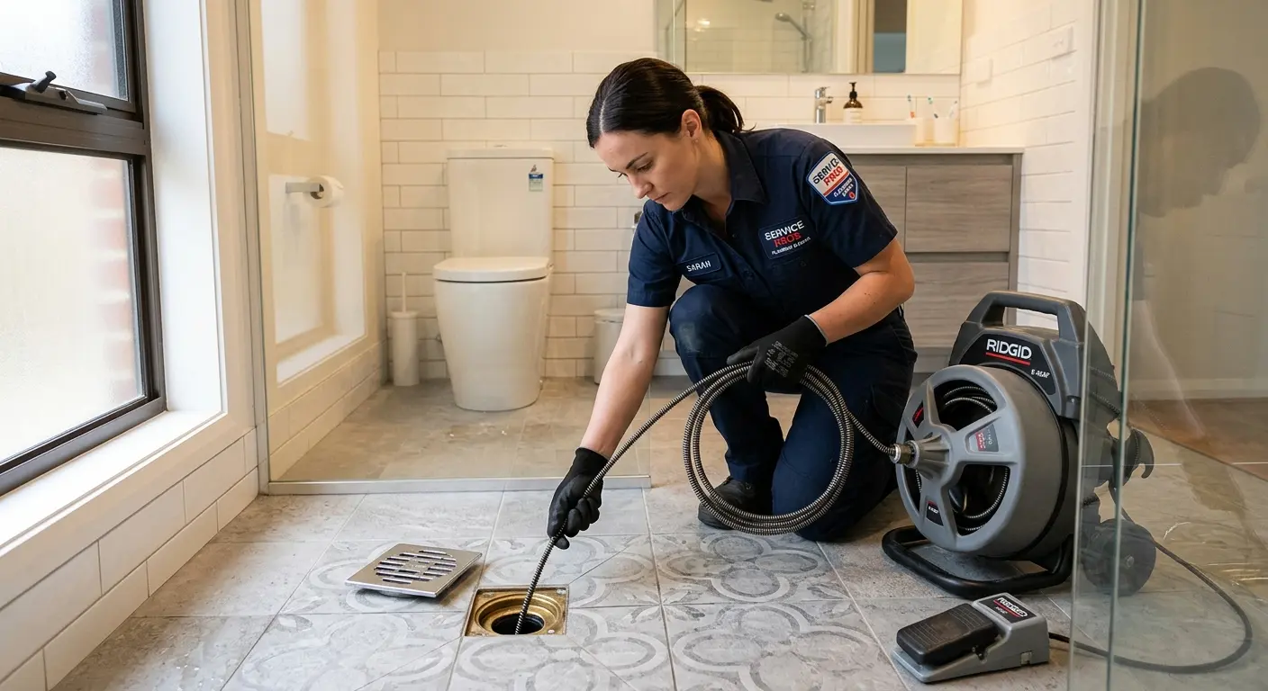Technician clearing a bathroom floor drain for Sewer Line Replacement in Hillsborough